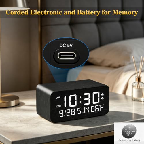 Premium Black Wooden Digital Alarm Clock with Wireless Phone Charger, Dual USB Charging Ports, Dimmable LED Display, Date and Day of Week, Small Digital Desk Clock for Bedroom Nightstand Bedside Table - color: Black