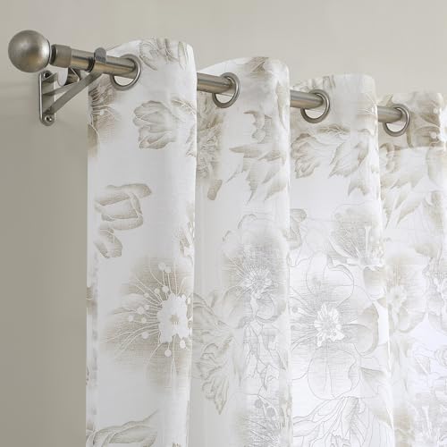 LinenZone 54x96 White Curtains with Linen Flower Print. (Flora 54x96 Linen) - color: Linen, size: 54"W x 96"L (Pack of 2)