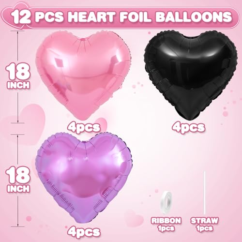 Pink Purple Black Heart Foil Balloons,12Pcs 18Inch Heart Shaped Balloons - color: Black Pink Purple