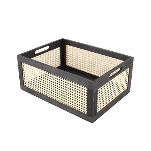 Black Wooden Rattan Storage Basket with Handle,14.96"x11.02"x6.30" - color: Black, size: Large (Set of 1)