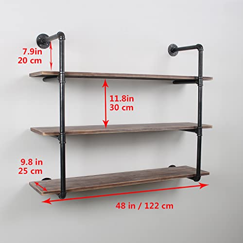 MBQQ Industrial Pipe Shelving Wall Mounted,48in Rustic Metal Floating Shelves,Steampunk Real Wood Book Shelves,Wall Shelf Unit Bookshelf Hanging Wall Shelves,Farmhouse Kitchen Bar Shelving(3 Tier) - color: 3-layer, size: 48in