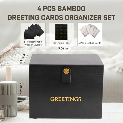 Large Bamboo Greeting Card Organizer Box with 6 Removable Dividers, Real Leather Handle, 100% Handmade Solid Bamboo, Storage Box for Christmas, Valentine, & Birthday Cards, Postcards, Stationery& More - color: Black