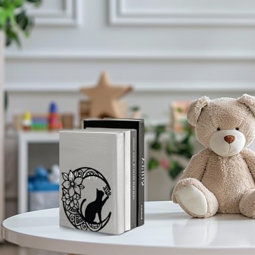 Peacoblue 5.3"x4.3"x5.3" Metal Bookends, Heavy Duty Book Ends for Shelves - style: Moon with Cat and Flower