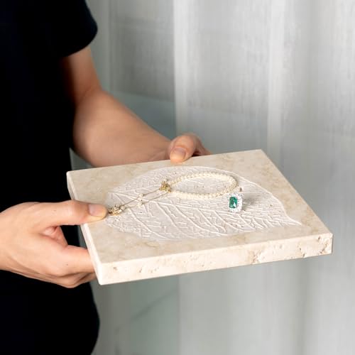 Natural Travertine Leaf Embossed Tray, 7.8inch Square Decorative Trays - color: Beige Travertine