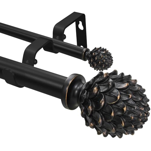 Double Curtain Rod with Pine Cone Finials, 28"-84" Black - color: Black, size: 28"-84"