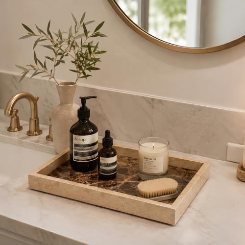 YMXYJM Real Natural Marble Tray for Bathroom, Genuine Marble Stone Vanity Tray, Luxury Storage Trays for Kitchen, Vanity, Home Decor, Dresser, Non-Resin/Non-Ceramic, 12"x 8"x 1.2", Beige & Brown - color: Beige & Brown, size: 12" x 8" x 1.2"
