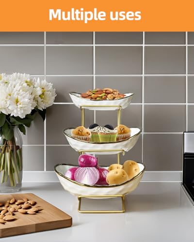 Fruit Bowl for Kitchen Counter, 3-Tier Fruit Basket, Ceramic Fruit Bowl with Metal Stand for Fruit, Vegetable Storage, Snack, Nuts, Dessert, Cake, Stylish & Cute