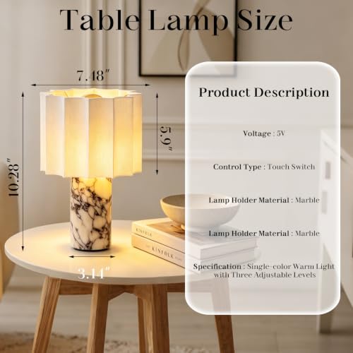 Marble Touch Table Lamp USB Rechargeable Cordless Bedroom Bedside Small Glow Night Light Stone Base and Linen Fabric Shades - color: Rice White