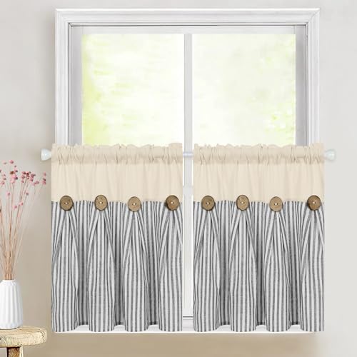ASPMIZ Farmhouse Kitchen Curtains 24 Inch Length, Grey Stripe, 2 Panels - color: Beige&grey, size: 26"W x 24"L (Pack of 2)