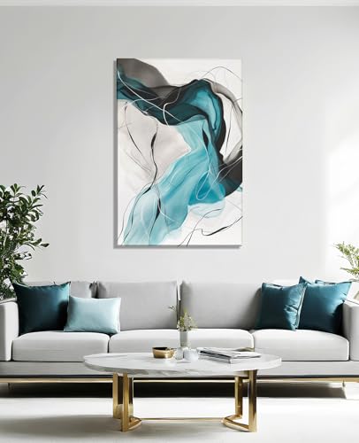 Large Abstract Canvas Wall Art - Black and Cyan Textured Pictures Gray White Painting PPrints Contemporary Art Modern Abstract Wall Decor Framed Gallery Wrap Ready to Hang(Art-2,28.00x42.00 inch) - color: Art-2, size: 42"L x 28"W