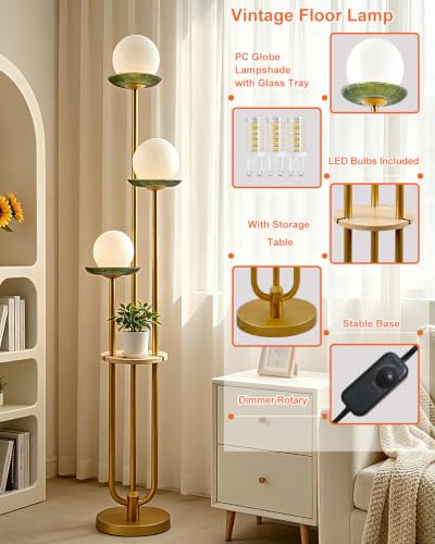 Lightdot 3-Globe Floor Lamp Dimmable with Green Glass Tray Gold Floor Lamp - color: Green-3U Gold