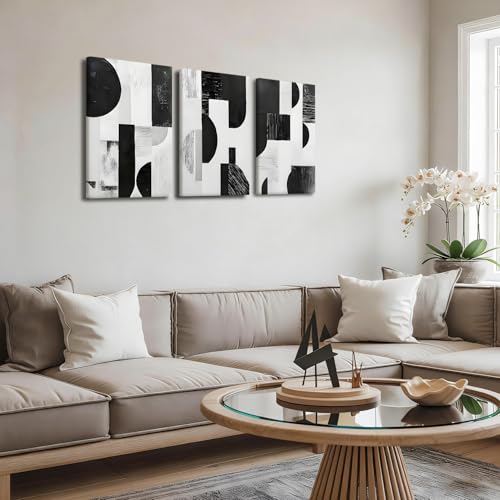 LYYGLYY 3Pcs Framed Black and White Geometric Canvas Wall Art 16x24 Inches - color: Black White Blocks, size: 16x24 Inches