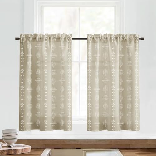 Lino Rosa Boho Kitchen Curtains Geometric Linen Small Tan Beige Tier Cafe Curtains for Bathroom RV 24 Inch Length - color: Tan Beige, size: 24"W x 24"L (Pack of 2)