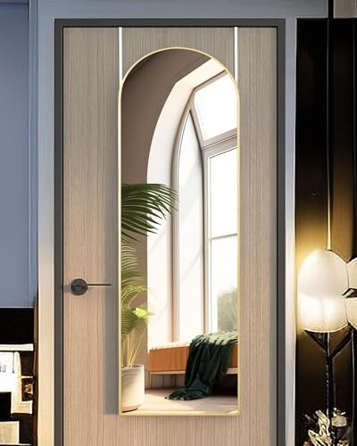 KOMCOTE Full Length Mirror 48x14 Inches - Over The Door Hanging Mirror for Bedroom, Living Room, Closet - Arch Floor Mirror, Door Mirror with Gold Frame - No Drill Easy Install - color: Gold, size: 48"L x 14"W