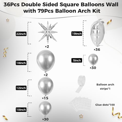 36pcs Metallic Silver Square Foil Balloons Wall Backdrop with 79pcs Balloon Garland Arch Kit, Double Sided Balloon for Bachelorette Baby Shower Birthday Anniversary Graduation Party Decorations - color: Silver