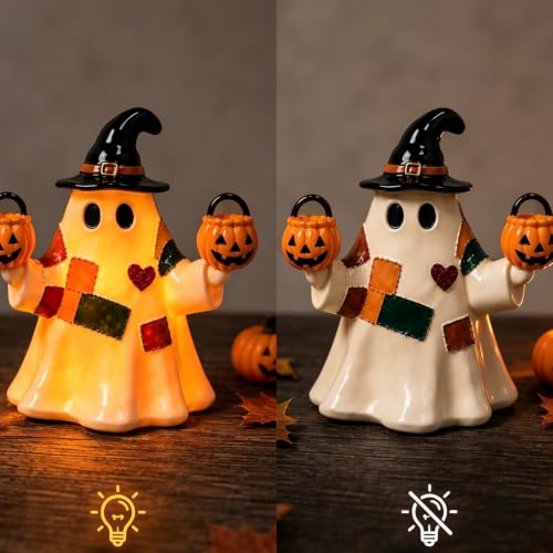 Halloween Resin Figurines Patchwork Ghost Light up Hold Pumpkin 1Pcs - color: Halloween Styl 32