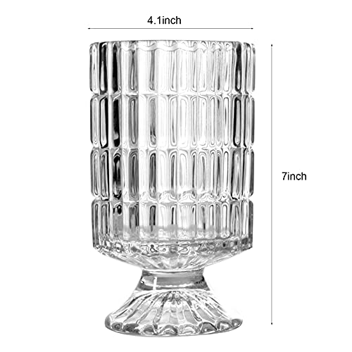7 Inch Modern Glass Vase with Embossed Ribbed Base - Clear Hydroponic Design for Home Decor, Weddings Party Living Room, Dining Table Floral Arrangement Centerpiece - color: Line Pattern Style