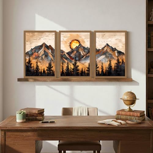 Geometric Mountain Wall Art Set of 3, Abstract Sunset Canvas Prints - color: GeometricMountain, size: 16x24 Inches