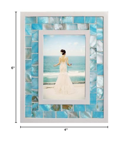 Mother of Pearl Beach Picture Frame 4x6, Blue | Natural Pearl,Turquoise Tabletop or Wall Hanging, Mosaic Glass Photo Frame, 1pc - color: Blue, size: 4x6 Inch