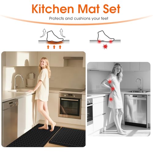 TranquilRelax 2-Piece Kitchen Mats, Cushioned Non-Slip Floor Mats, Black - color: Black, size: 2-Piece | 30"+47" | Standard