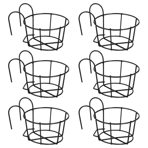 6 PCS Round Hanging Railing Planters, Hanging Flower Stand Iron Baskets, Hanging Planters for Outdoor Plants, Metal Rack Fence Shelf Plant Holder with Hooks for Balconies, Gardens, Indoor Spaces - color: Black