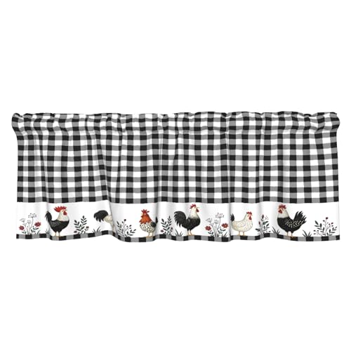 Buffalo Check Plaid Valances for Windows Farmhouse Rooster Kitchen Curtains Rustic White and Black Design Window Treatment Rod Pocket Valances for Kitchen Living Room 54 x 18 Inch, 1 Panel - color: Black and White