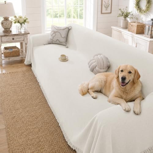 Chenille Couch Cover for Dogs Washable Boho Throw Blanket Washable - color: 01 Beige White, size: 71"×134"