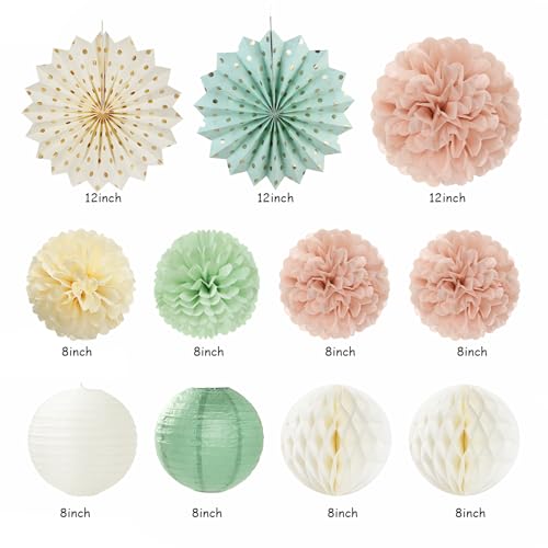 Sage-Green Blush-Pink Beige Birthday Party-Decorations - 21pcs Happy Banner,Cream Light Dusty Pink Paper Lanterns Pom Poms,Rustic Boho Neutral Streamers Garland,Women Girls Decor Supplies Huglony - color: Sage-green Blush-pink Beige