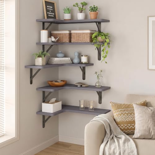 Fixwal Corner Floating Shelves Set of 5, Rustic Wood Wall Mounted Corner Shelf for Bathroom, Kitchen, Bedroom, Home Decor, Laundry Room, Living Room(Gray) - color: 4-gray