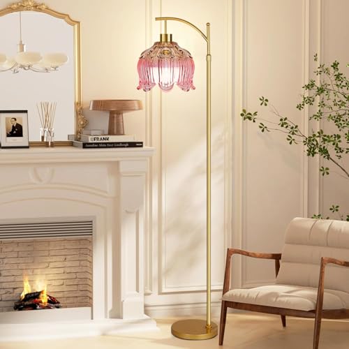QIYIZM Pink Floor Lamp for Living Room,Bedroom,Gold Dimmable Standing Lamp with Remote,Mid Century Modern Brass Tall Lamp Boho Floor Lamps Arc Stained Glass Flower Floor Light Lamp Girls kids Bohemian - size: Floor Lamp--11