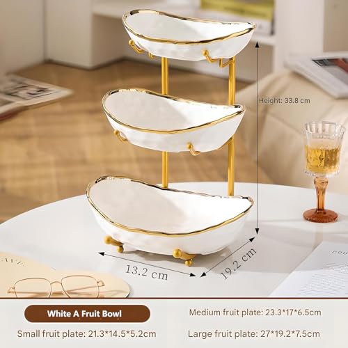 XUDREZ 3 Tier Fruit Bowl with Metal Stand for Kitchen Counter, Ceramic White Gold Silver, Tiered Fruit Basket for Nuts, Snacks, Bread, Candy Storage (White A) - color: White A