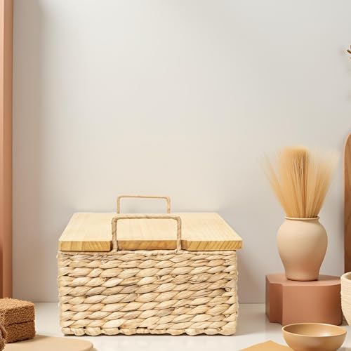 Handmade Water Hyacinth Wicker Baskets with Wooden Lid (Small) - size: Small (Single)