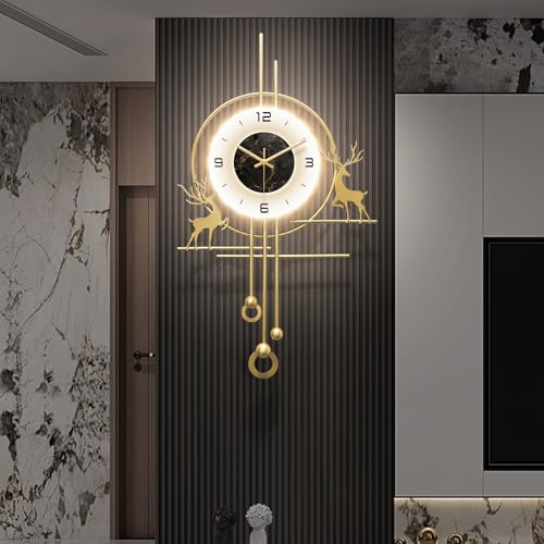Modern Deer Wall Clock for Living Room,Large Gold Decorative Wall Clock with Light,Creative Silent Clock Battery Operated for Kitchen/Entryway/Bedroom/Office/Dinning Room Metal Wall Decor - size: 20"Lx35"W