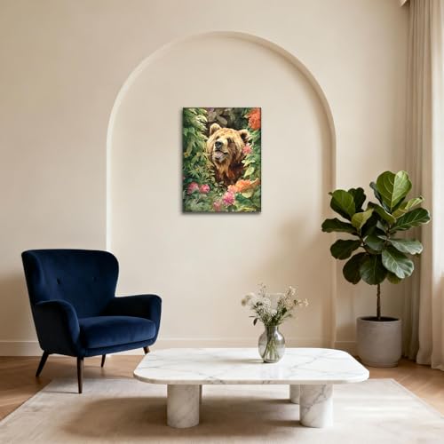 Halioyo Brown Bear Canvas Wall Art, Floral Bear Painting Print(12x16 in) - color: Painting-10, size: 16"L x 12"W