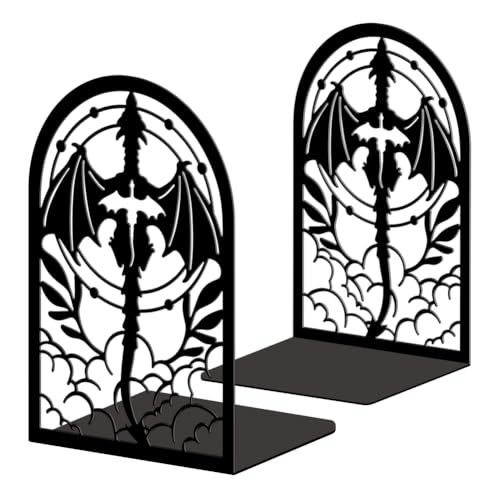 Peacoblue 5.3"x4.3"x7.9" Metal Bookends, Heavy Duty Book Ends for Shelves - style: Symmetrical Dragon Cross