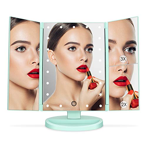 deweisn Tri-Fold Lighted Vanity Tabletop Mount Mirror with 21 LED Lights, Touch Screen and 3X/2X/1X Magnification, Two Power Supply Mode Make up Mirror,Travel Mirror - color: Green