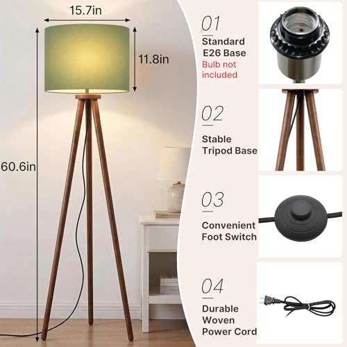 Buruis 60.6 Inch Walnut Wood Tripod Floor Lamp with Linen Drum Shade, Green - color: Green