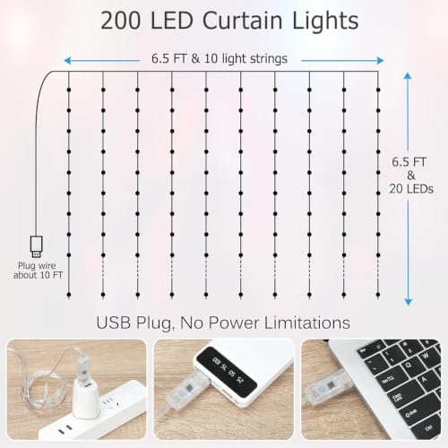 Warm White Curtain Lights, 6.5 x 6.5ft 200 LED USB Twinkle Fairy String Lights with Remote & Timer, IP65 Waterproof Hanging String Curtain Lights for Bedroom Backdrop Christmas Holiday Decor - size: Warm White - 6.5ft x 6.5ft