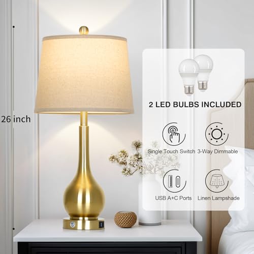 26" Gold Table Lamps Set of 2 for Living Room, Touch Control Bedroom Lamps for Nightstand, 3-Way Dimmable Bedside Lamp with USB A+C Port (2 LED Bulbs Included) - color: Gold - 26"H