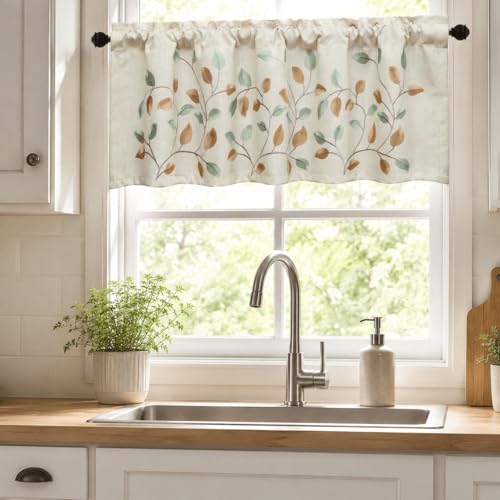 VOGOL Natural Leaf Embroidered Kitchen Valance, 52 x 18 Inches - color: W014