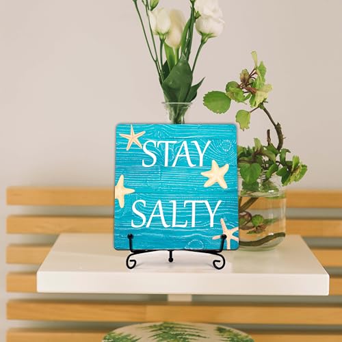 Summer Desk Decor, Beach Wooden Sign, Stay Salty Wood Decor with Stand, Summer Decorations for Home Office Beach Theme House, Gifts for Her Friends Women Coworker - B14 - style: Stay Salty