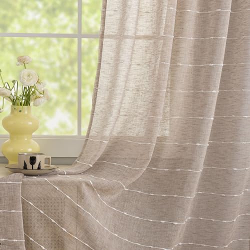 Beige Striped Sheer Curtains 84 Inch, Light Filtering 2 Panels Greige - color: Beige, size: 52"W x 84"L (Pack of 2)