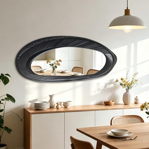 POZINO 47"X22" Large Irregular Wall Mirror, Black Asymmetrical Oval Mirror - size: 47"L x 22"W
