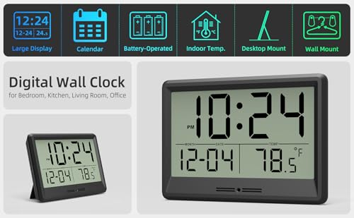 Digital Wall Clock Battery Operated, 8 Inch Small Wall Clock with Large Display, Temperature and Date | Simple Desk Clock | Silent Wall Mount Digital Clock for Bedroom, Kitchen, Living Room, Office - color: Gray