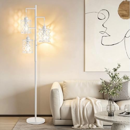 68" Modern Tree Floor Lamp, Dimmable Minimalist Tall Standing Lamp with Metal Cages & Rotary Dimmer Knob, Corner Decor Lighting for Living Room Bedroom Cafe, 3 x 800LM Bulbs Included -White - color: White (800LM), size: 68"