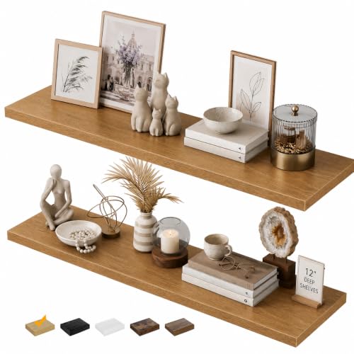 RICHER HOUSE 48Inch Long Floating Shelves, 12" Deep Rustic Wood Wall Shelf - color: Oak, size: 48in