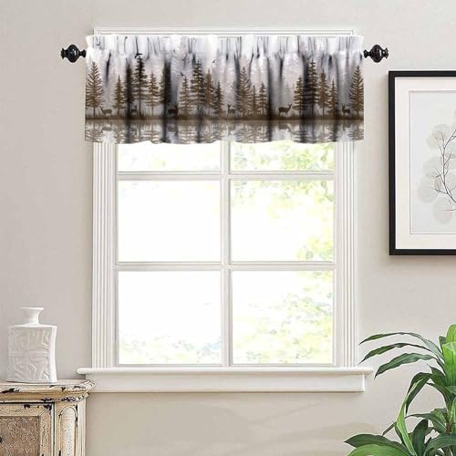 Misty Forest Valance Curtain, Rustic Farmhouse Pine Tree Landscape Country Woodland Deer Print Blackout Short Window Drape for Kitchen Living Room Bedroom, 54x18inch - color: Deer-3