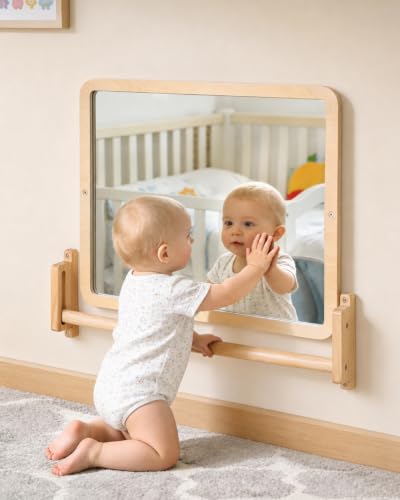 Montessori Mirror with Bar, 18.9 x 15.0 in – Adjustable Baby Pull Up Bar, Anti-Rotation Design & Acrylic Safety Baby Mirror for Wall – Tummy Time, Pull to Stand Toys for Infant Toddler Nursery - size: Standard - 18.9 x 15.0 in