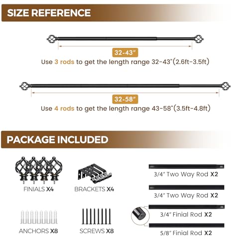 KAMANINA 2 Pack Curtain Rods 32 to 58 Inch, Adjustable Single Rod, Black - color: Black, size: 32-58" (2 Pack)