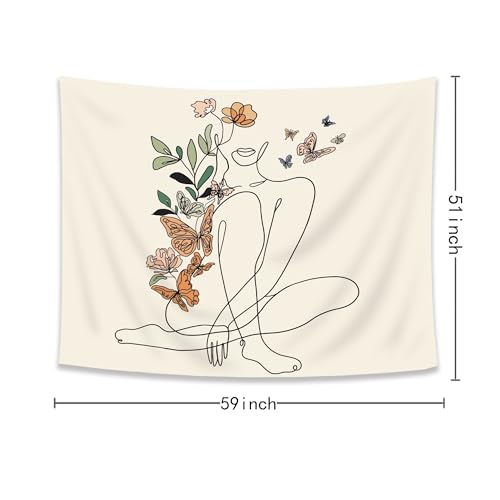 Abstract Woman Tapestry Butterfly Mid Century Modern Flower Wall Hanging - color: Beige Woman Sitting, size: 51"L x 59"W